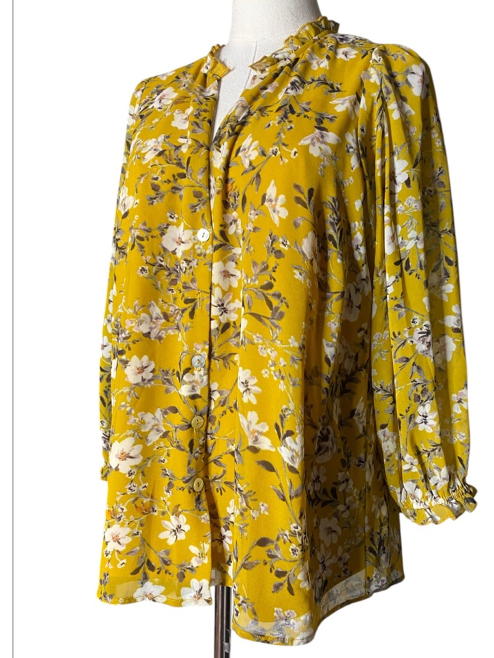 Show Me Your Mumu | Mustard Yellow Floral Long Sleeve Button Front Top - M